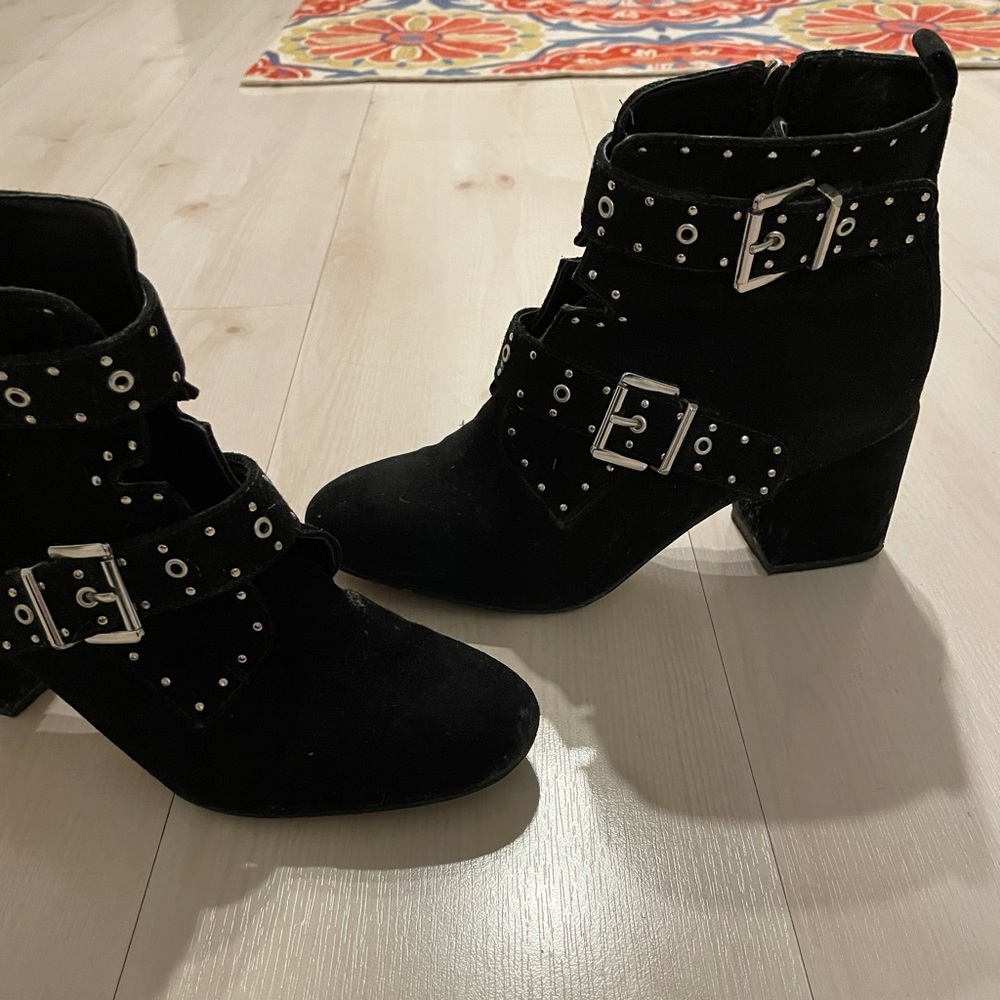 Rebecca Minkoff Black Suede Studded Buckle Ankle Boots - Picture 3 of 8